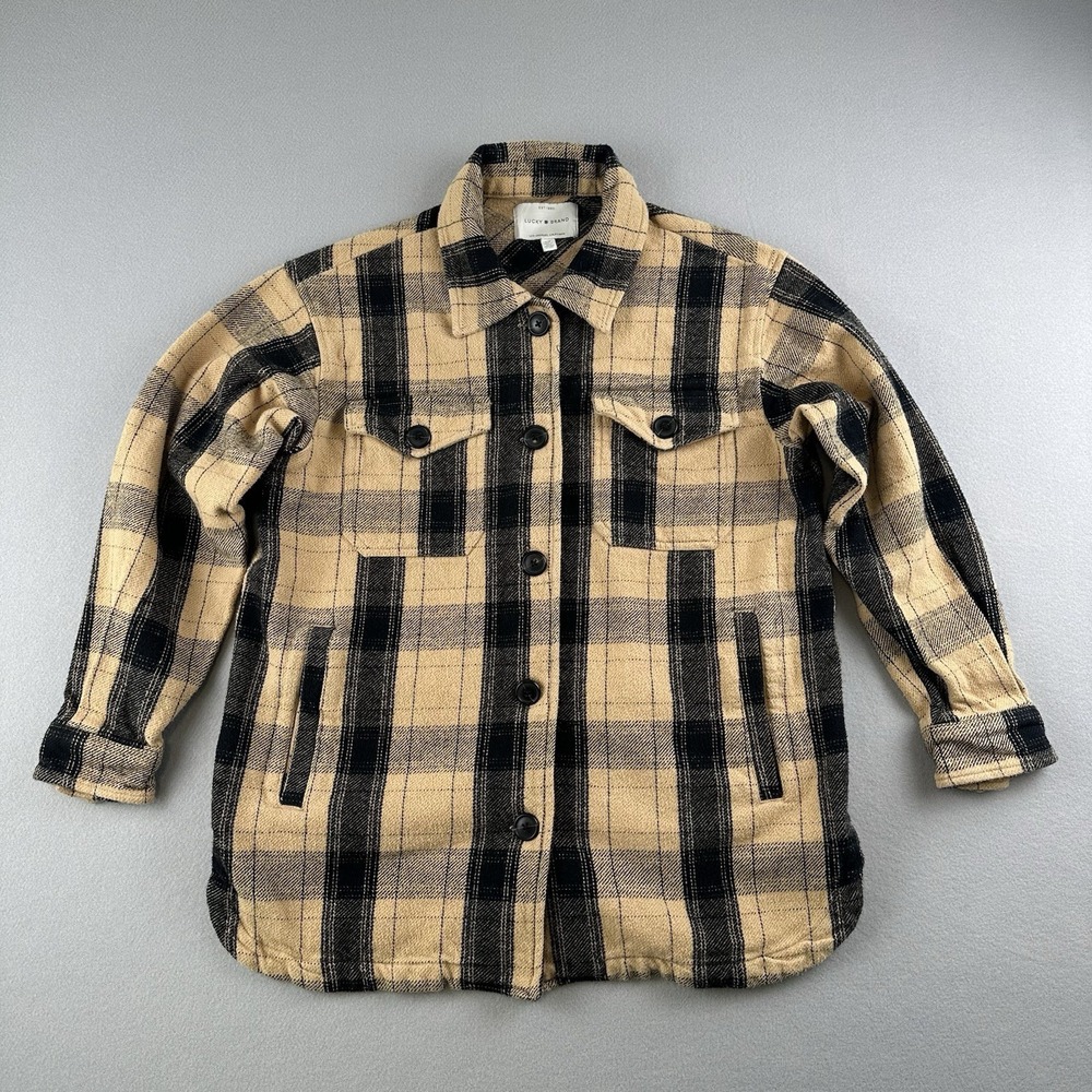 Lucky Brand Plaid Shirt Shacket Womens Size Small Beige Heavy Cotton Button Up